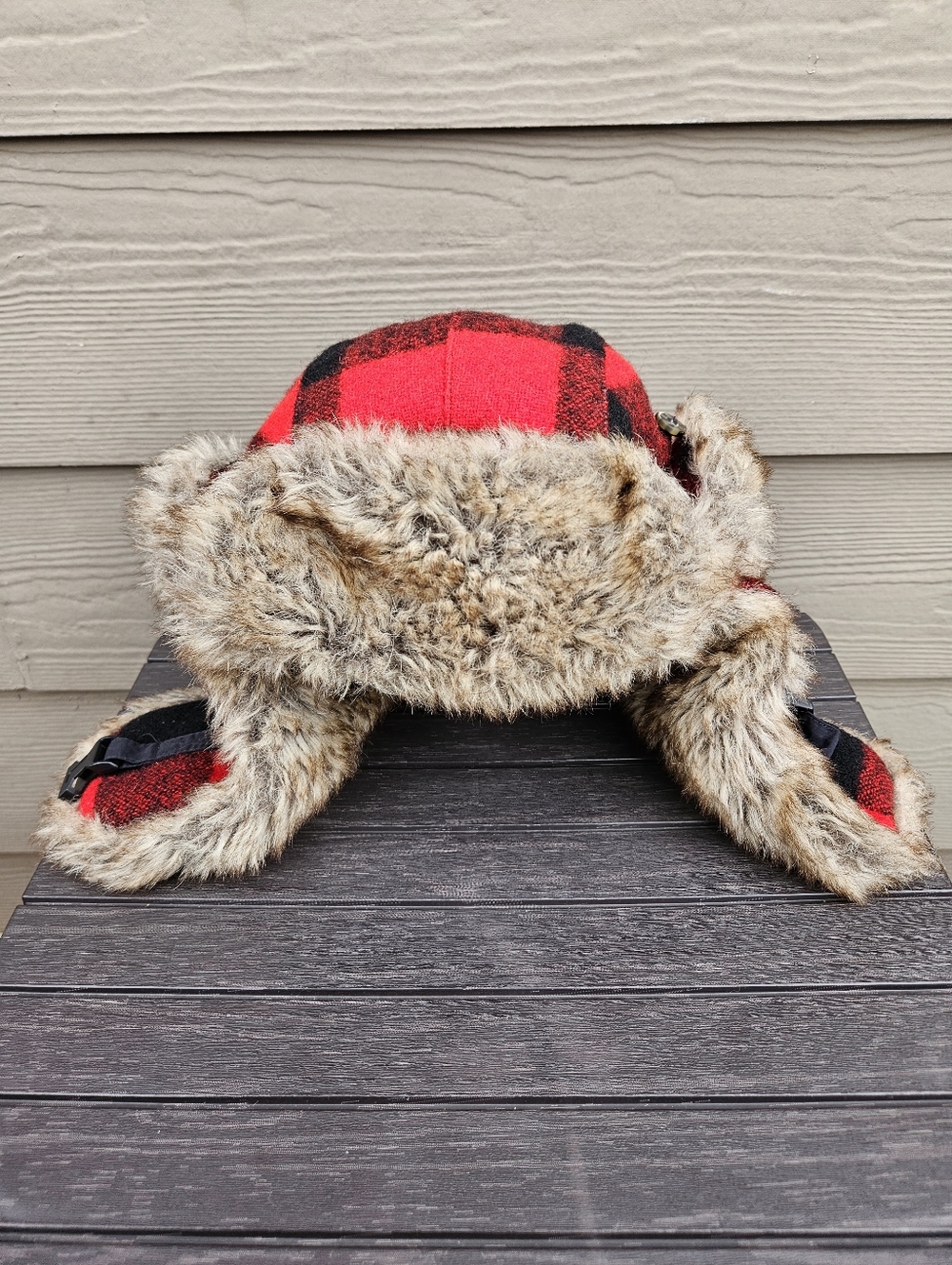 Mad Bomber Trapper Hat Red Black Buffalo Plaid Wool Faux Fur Lined Warm Winter S
